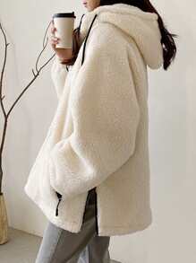 DAZY Contrast Trim Raglan Sleeve Drawstring Hooded Teddy Coat ,Winter Women Clothes,Winter Coat Women Women Jacket,Fall Women Clothes - Beige - View 2