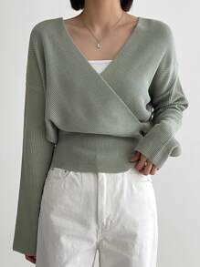 DAZY Surplice Neck Drop Shoulder Jumper - Grey - View 1