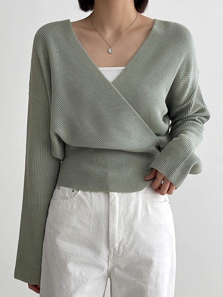 DAZY Surplice Neck Drop Shoulder Jumper - Grey - View 1