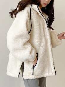 DAZY Contrast Trim Raglan Sleeve Drawstring Hooded Teddy Coat ,Winter Women Clothes,Winter Coat Women Women Jacket,Fall Women Clothes - Beige - View 3