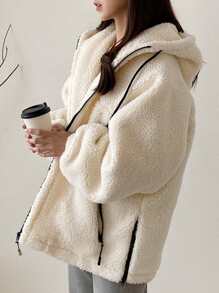 DAZY Contrast Trim Raglan Sleeve Drawstring Hooded Teddy Coat ,Winter Women Clothes,Winter Coat Women Women Jacket,Fall Women Clothes - Beige - View 4