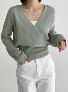 DAZY Surplice Neck Drop Shoulder Jumper - Grey - View 3