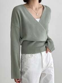 DAZY Surplice Neck Drop Shoulder Jumper - Grey - View 4