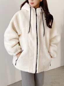 DAZY Contrast Trim Raglan Sleeve Drawstring Hooded Teddy Coat ,Winter Women Clothes,Winter Coat Women Women Jacket,Fall Women Clothes - Beige - View 6