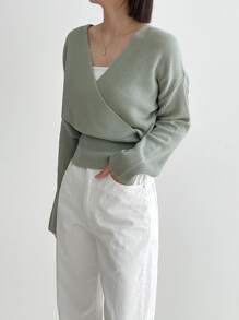 DAZY Surplice Neck Drop Shoulder Jumper - Grey - View 9