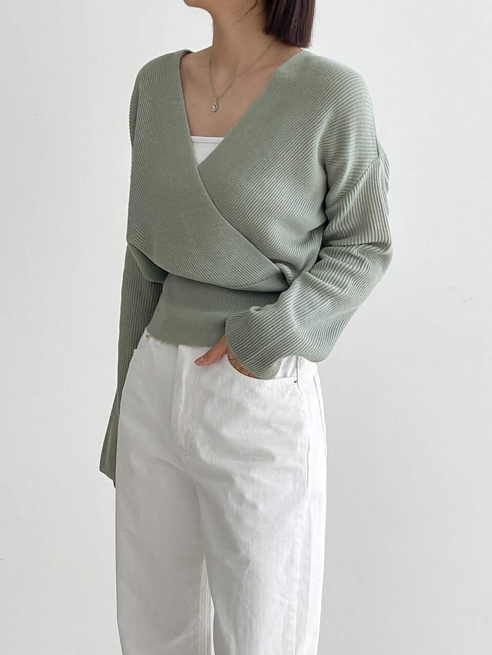 Surplice Neck Drop Shoulder Sweater Fall