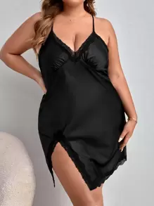 Plus Contrast Lace Crisscross Backless Slit Hem Satin Cami Nightdress