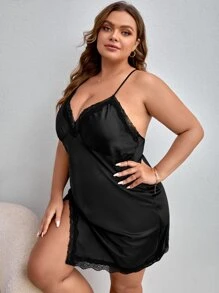 Plus Contrast Lace Crisscross Backless Slit Hem Satin Cami Nightdress