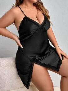 Plus Contrast Lace Crisscross Backless Slit Hem Satin Cami Nightdress