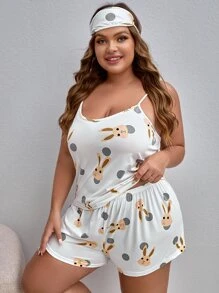 Plus Cartoon Rabbit & Polka Dot Cami & Shorts PJ Set & Eye Mask - White - View 1