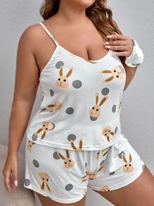 Plus Cartoon Rabbit & Polka Dot Cami & Shorts PJ Set & Eye Mask - White - View 3