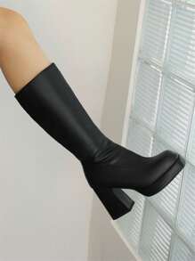 Side Zip Platform Chunky Heeled Classic Boots - Black - View 2