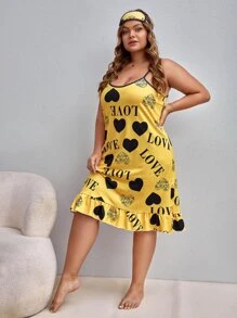 带心形和字母图案荷叶边下摆吊带睡衣睡裙（带眼罩） - 黃色 - 查看 5