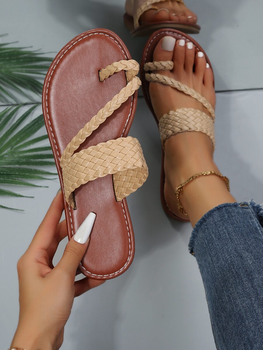 Ladies' Khaki Vacation Plaid Strap Plain Thong Sandals With Weave Detail And Toe Ring - Khaki - View 1