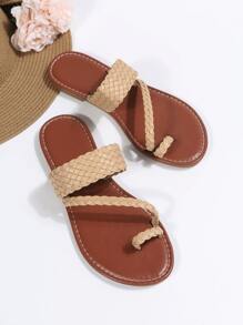 Ladies' Khaki Vacation Plaid Strap Plain Thong Sandals With Weave Detail And Toe Ring - Khaki - View 3