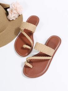 Ladies' Khaki Vacation Plaid Strap Plain Thong Sandals With Weave Detail And Toe Ring - Khaki - View 5