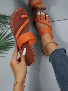 Casual Outdoors Thong Sandals For Women, Braided Artificial Leather Toe Post Flat Sandals - Orange - View 1