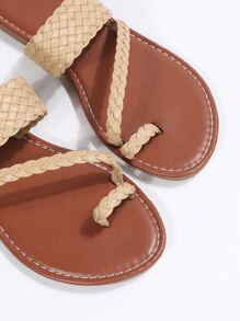 Ladies' Khaki Vacation Plaid Strap Plain Thong Sandals With Weave Detail And Toe Ring - Khaki - View 7