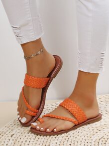 Casual Outdoors Thong Sandals For Women, Braided Artificial Leather Toe Post Flat Sandals - Orange - View 2