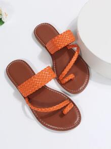 Casual Outdoors Thong Sandals For Women, Braided Artificial Leather Toe Post Flat Sandals - Orange - View 3