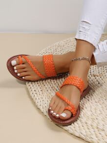 Casual Outdoors Thong Sandals For Women, Braided Artificial Leather Toe Post Flat Sandals - Orange - View 6