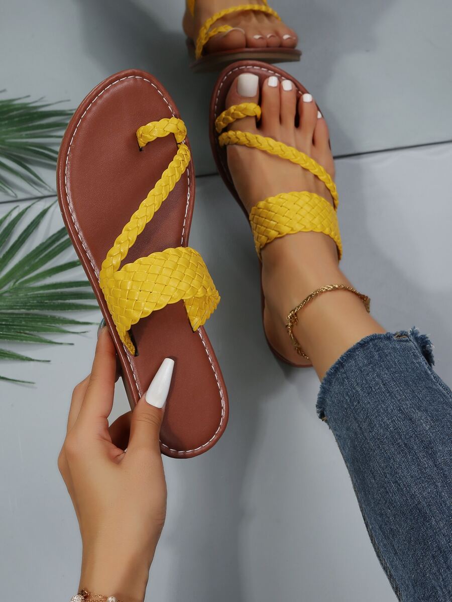 休閒戶外T字帶涼鞋適用於女士編織裝飾人造皮革夾腳平底涼鞋 - 黃色 - 查看 1
