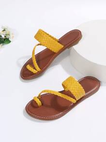 休閒戶外T字帶涼鞋適用於女士編織裝飾人造皮革夾腳平底涼鞋 - 黃色 - 查看 3