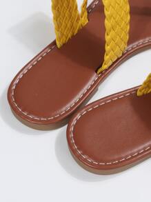 休閒戶外T字帶涼鞋適用於女士編織裝飾人造皮革夾腳平底涼鞋 - 黃色 - 查看 4