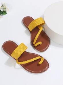 休閒戶外T字帶涼鞋適用於女士編織裝飾人造皮革夾腳平底涼鞋 - 黃色 - 查看 5