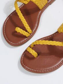 休閒戶外T字帶涼鞋適用於女士編織裝飾人造皮革夾腳平底涼鞋 - 黃色 - 查看 6