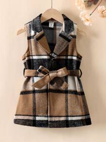 Toddler Girls Plaid Button Front Belted Vest Overcoat - Multicolor - View 1