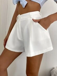 Firerie Shorts con bolsillo oblicuo de pierna ancha unicolor - Blanco - Ver 3