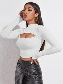 SHEIN SXY 女士长袖镂空T恤 - 白色 - 查看 5
