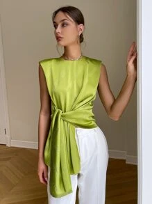 Sollinarry Tie Front Shoulder Pad Blouse - Lime Green - View 6