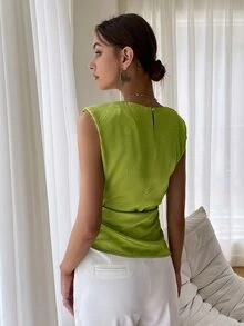 Sollinarry Tie Front Shoulder Pad Blouse - Lime Green - View 2