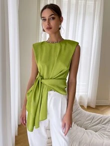 Sollinarry Tie Front Shoulder Pad Blouse - Lime Green - View 3
