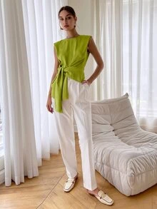 Sollinarry Tie Front Shoulder Pad Blouse - Lime Green - View 4