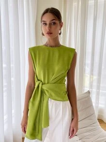 Sollinarry Tie Front Shoulder Pad Blouse - Lime Green - View 1