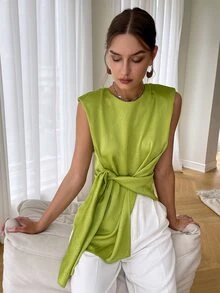 Sollinarry Tie Front Shoulder Pad Blouse - Lime Green - View 5