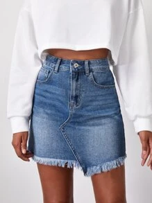 Asymmetrical Raw Hem Denim Skirt - Medium Wash - View 1