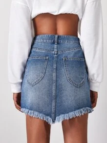 Asymmetrical Raw Hem Denim Skirt - Medium Wash - View 2