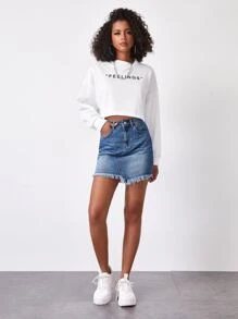 Asymmetrical Raw Hem Denim Skirt - Medium Wash - View 4