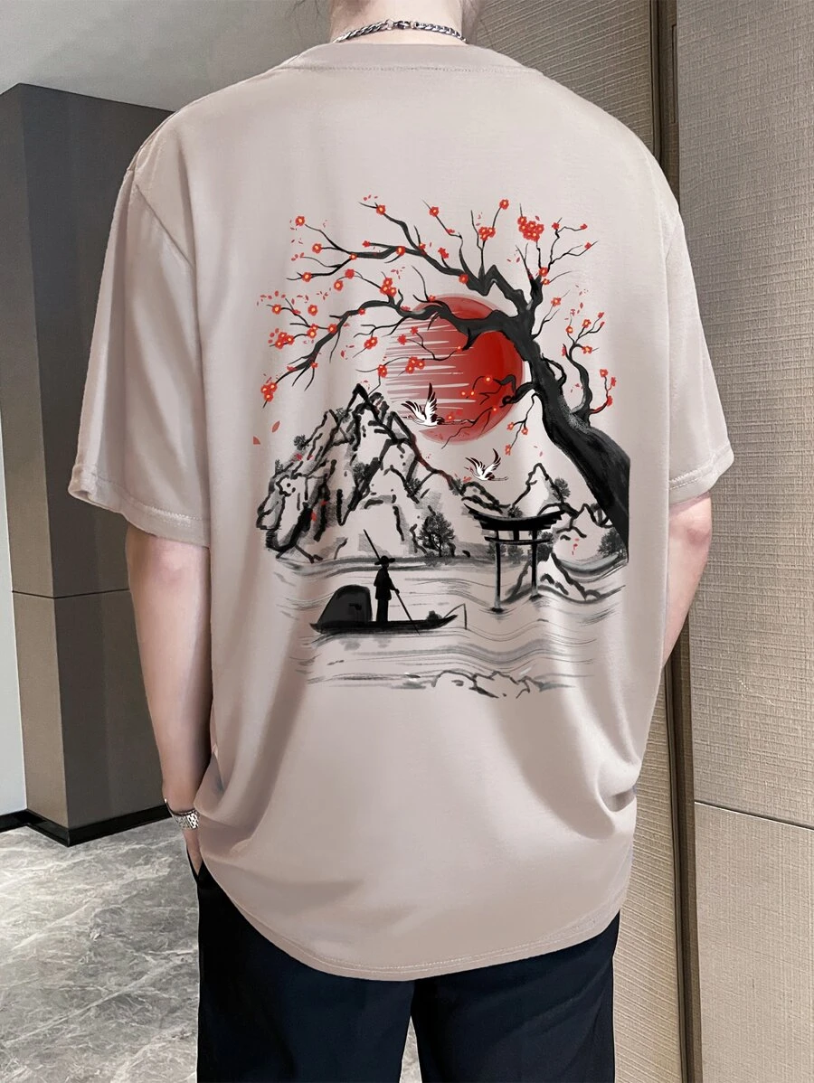 Manfinity Homme Hombres Camiseta con estampado floral con grulla - Caqui - Ver 1