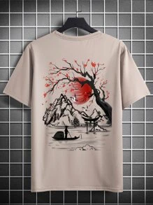 Manfinity Homme Hombres Camiseta con estampado floral con grulla - Caqui - Ver 5