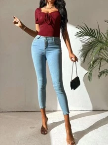 SHEIN Tall Sweetheart Neck Knot Front Tee - Burgundy - View 3