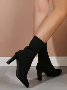 Match Sweatpants, Elegant Black Solid Color Elastic Ankle Boots For Women, Black Pointed Thick Heel Socks Boots