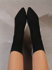 Match Sweatpants, Elegant Black Solid Color Elastic Ankle Boots For Women, Black Pointed Thick Heel Socks Boots