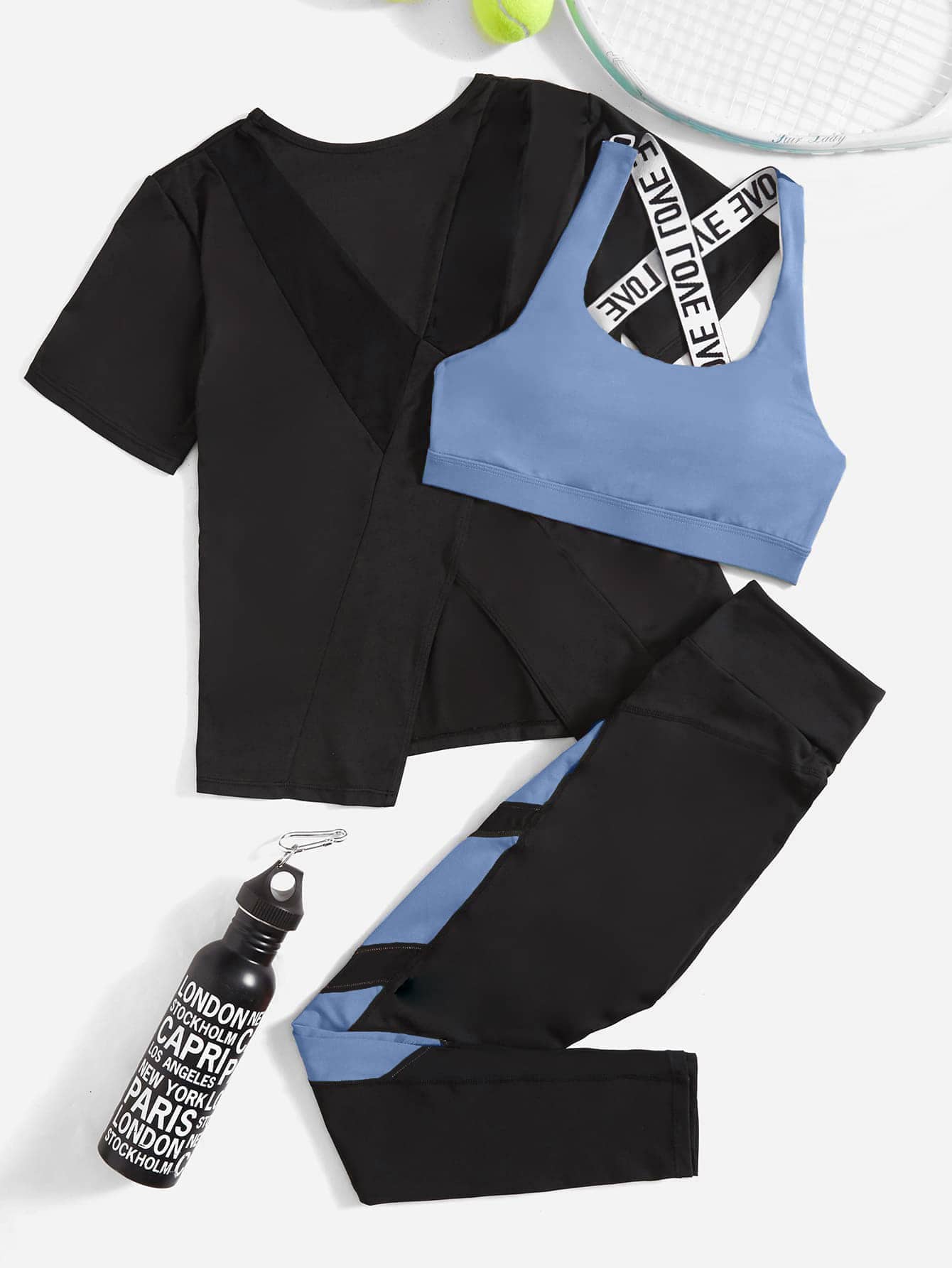 Easithlete 3pcs Contrast Letter Tape Colourblock Asymmetrical Hem Sports Set - Multicolor - View 1