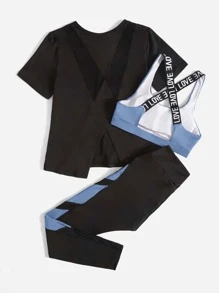 Easithlete 3pcs Contrast Letter Tape Colourblock Asymmetrical Hem Sports Set - Multicolor - View 2