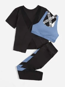 Easithlete 3pcs Contrast Letter Tape Colourblock Asymmetrical Hem Sports Set - Multicolor - View 3